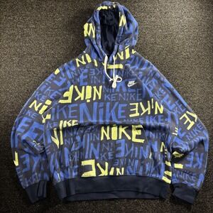Nike Y2K Hoodie Sweatshirt Mens L Blue Nike All Over Print Pullover AOP Graffiti